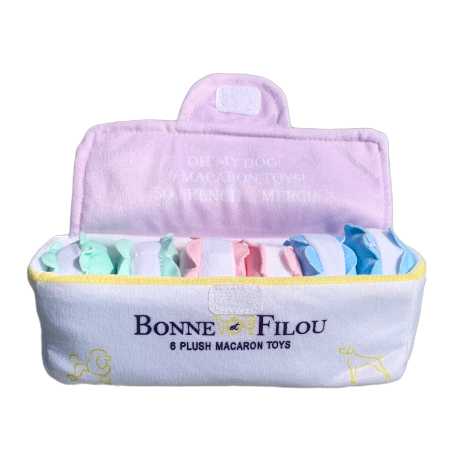 Box of plush macaron squeaky dog toys